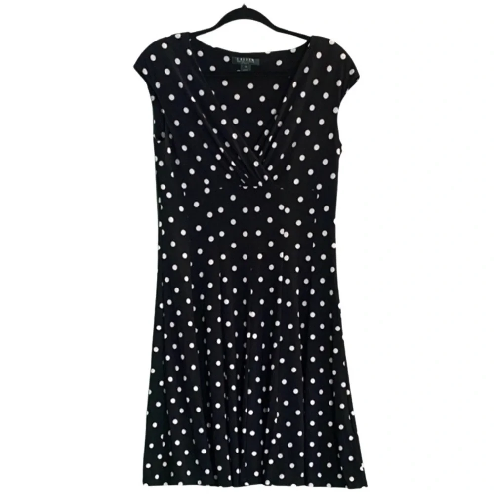 Lauren Ralph Lauren Sleeveless Surplice V-Neck Polka Dot Jersey Dress Size 12 - Picture 5 of 7